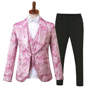 Gwenhwyfar New Fashion Men Wedding Groom Tuxedos Suit Pink Floral Printed Man Suits Costume Homme Blazer Vest Ounours209X