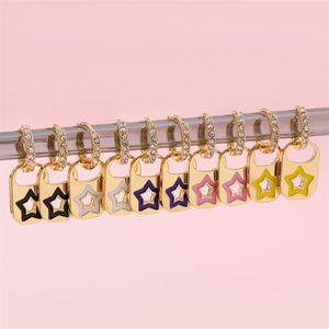 Hoop & Huggie Fashion Colorful Neon Enamel Star Geometric Pendant Earrings For Women CZ Zircon Gold Small Hoops Trendy Jewelry Gif290d
