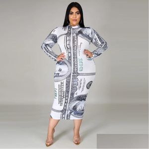 Plus Size Dresses Zjfzml Zz Women Clothing Dress 2022 Money Dollar Print Long Sleeve Bodycon Mid Calf Drop Wholesale Delivery Apparel Dhnr6