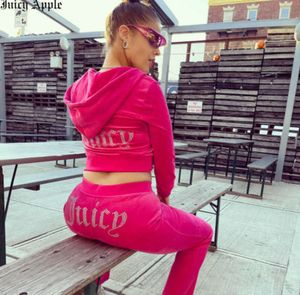 Juicy Apple Tute da donna Tute da cucito in velluto Completo da due pezzi Set da jogging Velour Met Felpa con cappuccio Pantaloni Completo da donna Tempo libero trend 669ess