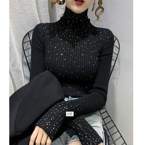 Neues Design Damen-Pullover mit Rollkragen, langen Ärmeln, dehnbarem Stoff, gestrickt, mit Strasssteinen gepatcht, Shinny-Bling-Pullover, Top-Shirt-Pullover 265I