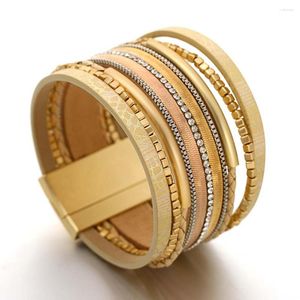 Charm Bracelets Amorcome Trendy Gold Color Metal Beads Rhinestone Multilayer Leather Bracelet Curved Tube Wrap For Women Jewelry