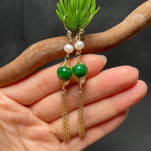 Kolczyki Dangle Green jade szmaragd luksusowy projektant biżuterii 925 Srebrny prawdziwy naturalny amulet amulet Pearl Women Talizmany