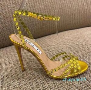 Crystal Decoration Sandaler Stiletto Heels Clear PVC Open Toe Cross Shoes For Women's Leather Outrole Evening Banket Party Shoes Luxury Designer Sandaler