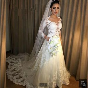 Vestido de Noiva 2021 White Lace Wedding Dresses A-Line Saudi Arabiska långa ärmar Bröllopsklänningar Modest muslimska brudklänningar Robe 229o