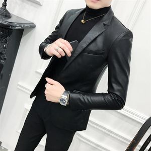 Sólido preto fino ajuste blazer hombre jaqueta de couro do plutônio dos homens um botão negócios casual baile blazers para homens terno coreano coat265i