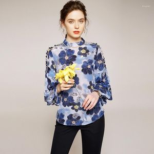 Kvinnors blusar Birdsky 1PC Women Blus Tops Pullover Casual Stand Collar Lantern Sleeve Tygknappar Real Mulberry Silk Floral S-617