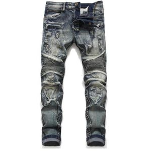 Mens Classic Biker Jeans Male Slim Straight Knee Drape Panel Moto Biker Jeans Destroyed Ripped Stretch Hip Hop Trousers #1806295W