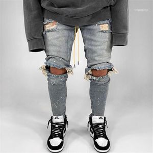 Erkek kot pantolon büyük diz deliği yırtık kalem pantolon bisikletçisi sıska ince yıpranmış denim pantolon moda hip hop jean233p