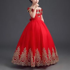 Роскошное бальное платье с золотыми аппликациями и открытыми плечами Красные длинные пышные платья для девочек Детские платья для выпускного вечера Платья для девочек-цветочниц YTZ104309M