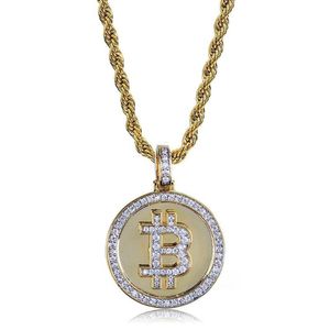 Kedjor Hip Hop ised ut Rhinestone Coin Pendant Halsband BTC gruvgåva för män Kvinnor med repkedja270Z