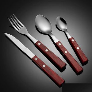 Spoons Steak Wood Handle Spoon Fork Knife Cutlery Set Stainless Steel Home Kitchen Dining Flatware Ice Cream Dessert Forks Tableware D Dhayx