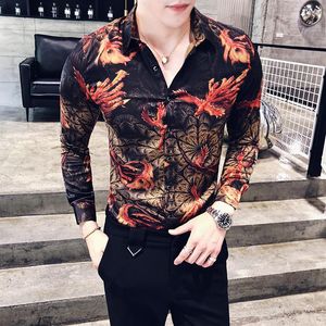 Camisas estampadas vintage masculinas, camisas de manga comprida da moda, camisas slim fit de outono, tops masculinos 2017