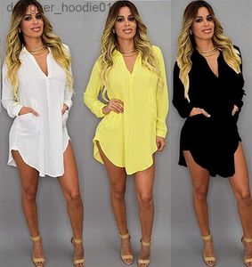 Basic Casual Dresses Summer Sexy V Neck Short Beach Dress Chiffon White Mini Loose Casual T Shirt Dress Plus Size Women Clothing L230916