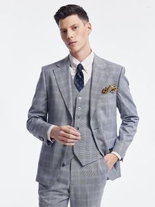 Men's Suits Men Set Blazer Vest Pant Grey Blue Plaid Luxury Wedding Groom Summer Wear Fashion Slim Fit Normal Businessman Plus Suit