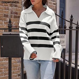 Women's Sweaters Fall Womens Striped Fashion 2023 Collared Oversized Outfits Knit Pullover Tunic Tops Ropa De Mujer Stitch 230915