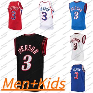 Men Kids 3 Allen Iverson Basketball Jersey 3 Vintage Black White Red Blue Stitched Jerseys Retro