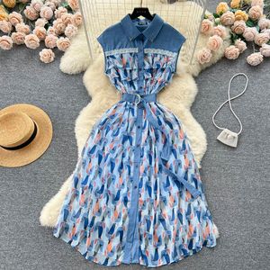 Vestidos casuais francês retro lapela sem mangas a-line vestido mulheres verão lace-up cintura magro denim costura impresso roupas vintage 296g