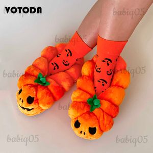 Chinelos de abóbora de halloween chinelos femininos dos desenhos animados bonito pelúcia urso de pelúcia sliders casa piso mudo flip flops inverno quente sapatos de halloween babiq05