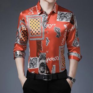 Men's Casual Shirts 2021 Male Mens Floral Printed Vintage Patterns Man Satin Dress Long Sleeve Silk Clothes Military Style Sh307K
