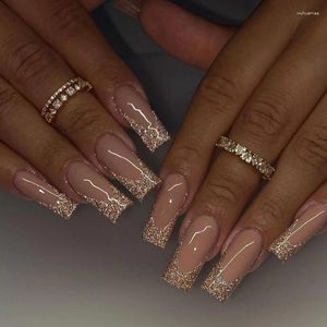 False Nails Press On Gold Glitter French Ballet Coffin Sparkling Full Cover Party Manicure återanvändbar 24st