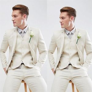 Estate Avorio Lino Uomo Smoking da sposa Spiaggia Dentellato Risvolto Sposo Indossare Pantaloni Abiti Formali Uomo Slim Fit Giacca Sportiva Pantaloni Ve244x