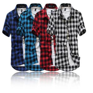 Red Black Plaid Shirt Men Shirts Summer Fashion Chemise Checkered Shirts Short Sleeve Shirt Men Blouse257H