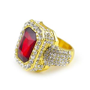 Mężczyźni złoty kolor hip -hop lodowany czerwony kamień cZ rozmiar pierścienia dostępna kobieta pierścień męski palec bling bling hip hop ring219q
