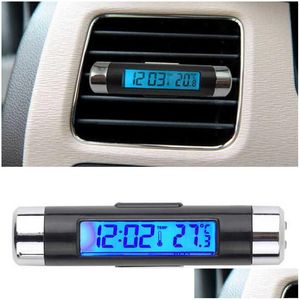 Outros Auto Eletrônicos 2 em 1 Termômetro Digital de Carro com Relógio Calendário Display LCD Tela Azul Back Light Motive Acessórios Drop Del Dhh18