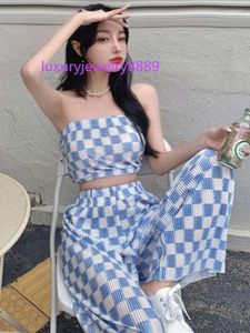 Women's Two Piece Pants Nicemix Sweet Cool Plaid Two-piece Suit 2023 Summer High Street Girl Sexy Fashion Tube Top Casual Wide-leg