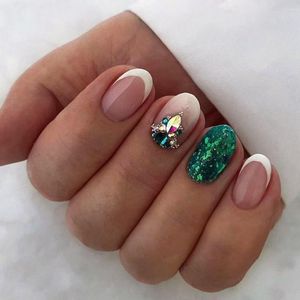 Künstliche Nägel, 24 Stück, lang, oval, glitzernd grün, bunt, Taro-Blumenmuster, zum Aufdrücken von gefälschten Maniküren, abnehmbare Nagelspitzen