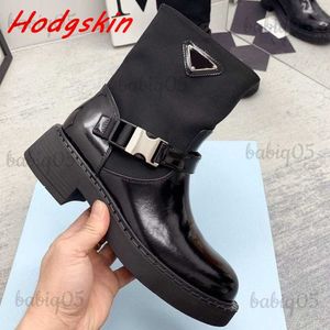 Boots Straight Strap Metal Button Boots for Women Round Toe Black Slip On Thick Heels Leisure Classic Mid Calf Fashion Leather Boots babiq05