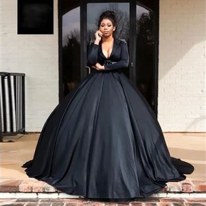 Plus Size Kleider für besondere Anlässe, Mädchen, neue maßgeschneiderte Abendkleider mit Schnürung und Reißverschluss, Abschlussball-Partykleid, A-Linie, langärmlig, V-Ausschnitt, Satin, schwarzer Kristall