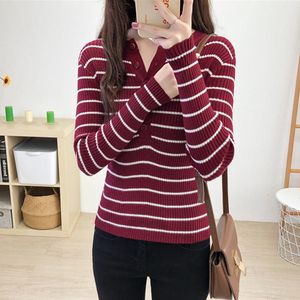 Women's Sweaters Spring Autumn Acrylic Sweater Round Collar Long Sleeve Pullover Button Knitted Striped Slim Fashion Office Lady 230915