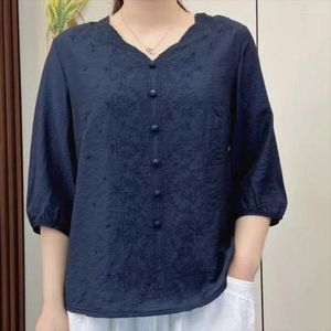 Damenblusen, Kleidung, Vintage-Stil, Ethno-Stil, Stickerei, elegant, Sommer, V-Ausschnitt, halbe Ärmel, lockere Hemden, Damen-Oberteile aus Baumwolle und Leinen