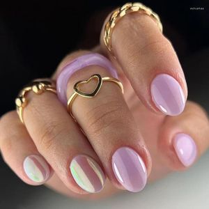 Unghie finte stampa su taro viola solido Aurora oro unghie lampeggiante ovale copertura completa manicure riutilizzabile 24 pezzi unghia artistica