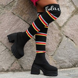 Boots Over The Knee Knitting Sock Boots 2023 Winter New Chelsea Boots Platform High Heels Shoes Designer Chunky Pumps Motorcycle Botas babiq05