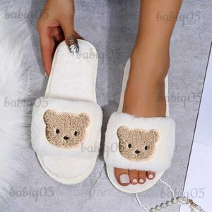 Chinelos bonito urso decoração diy design feminino casa chinelos cor sólida dedo do pé aberto interior inverno plana antiderrapante lazer interior sapatos femininos babiq05