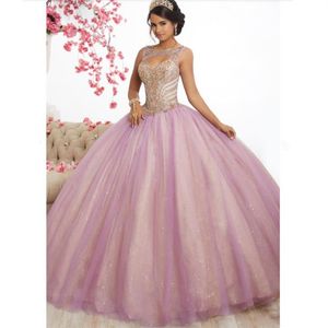 Herrliche rosa Tüll lange Ballkleider Ballkleider 2019 neues Design Perlen Top Sweet 16 Kleid Abendkleid Quinceanera Vestido de f215p