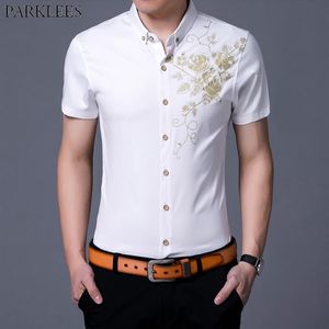 Camisa masculina estampada dourada rosa branca, camisa slim fit de manga curta casual para festa de casamento 2020 33290