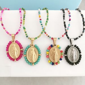 Charms qmhje Virgin Mary ze stali nierdzewnej Wisiorek Dzieci Naszyjnik Kobiety Choker Kulki Łańcuch Złota Srebrna Kolor Rainbow Kolorowa biżuteria 230915