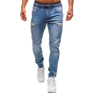 Calças elásticas masculinas com punho casual cordão jeans treinamento jogger atlético moletom moda zíper 220425278d