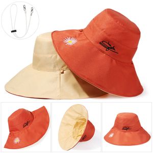 Cappelli a tesa larga Cappelli a secchiello Margherite Cappello a doppia faccia Berretto da pescatore portatile pieghevole in cotone con corda antivento Donna Outdoor Sun Beach 230915