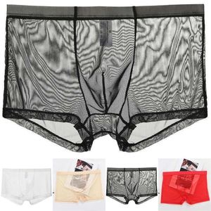 Underbyxor män sexiga underkläder nylon sömlös is silk ultratunna trosor se genom mesh boxer transparenta shorts299s