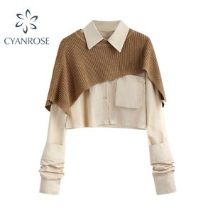 Autumn Fashion Women Two Pieces Sets Long Sleeve Short Blouse Shirt Solid Knitted Pullover Crop Shawl Sweater Female Tops 2104172565
