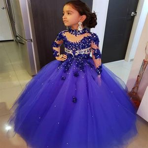 Spring Girls Pageant Dresses High Neck Flower Girl Dresses Long Sleeve Royal Blue Beads Floor Length Kids Birthday Communion Dress223h