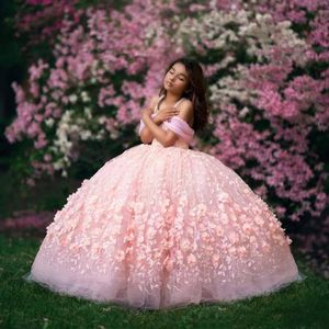 Różowa suknia z koralikami 3d Appliqued Flower Girl Sukienka na wesele tiulowy pierwszy na ramię dziewczyny