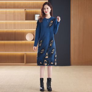 2023 Autumn Winter Casual Blue Sweaters Dress Women Fashion Designer O-Neck Soft Warm Lady Midi Frocks Long Sleeve Slim Fit Stylish Party Fine Elegant Knitted Dresses