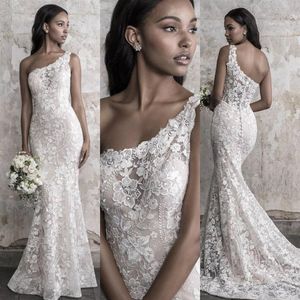 Madison James Fall 2018 Mermaid Wedding Dress Elegant One Shoulder Lace Applique Sweep Train Bridal Gowns Upscale Custom Made299P