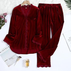 Damen-Nachtwäsche, Samt-Pyjama, zweiteiliges Set, Burgunder-Spitzenbesatz, Pyjama-Anzug, Herbst-Winter, Velours-Nachtwäsche, Pyjama Pour Femme Homewear